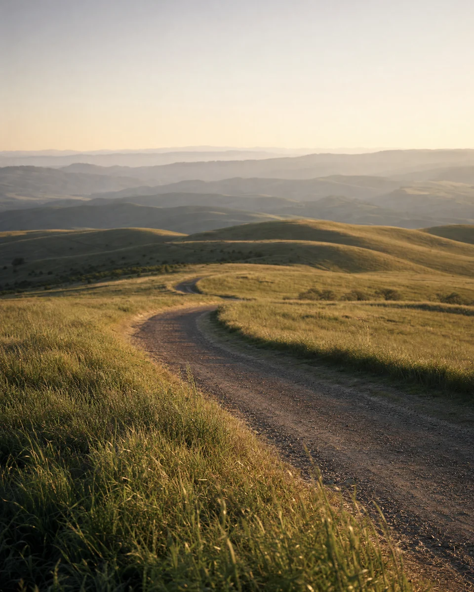A country lane winding through sunlit rolling hills toward distant blue-gray ridges