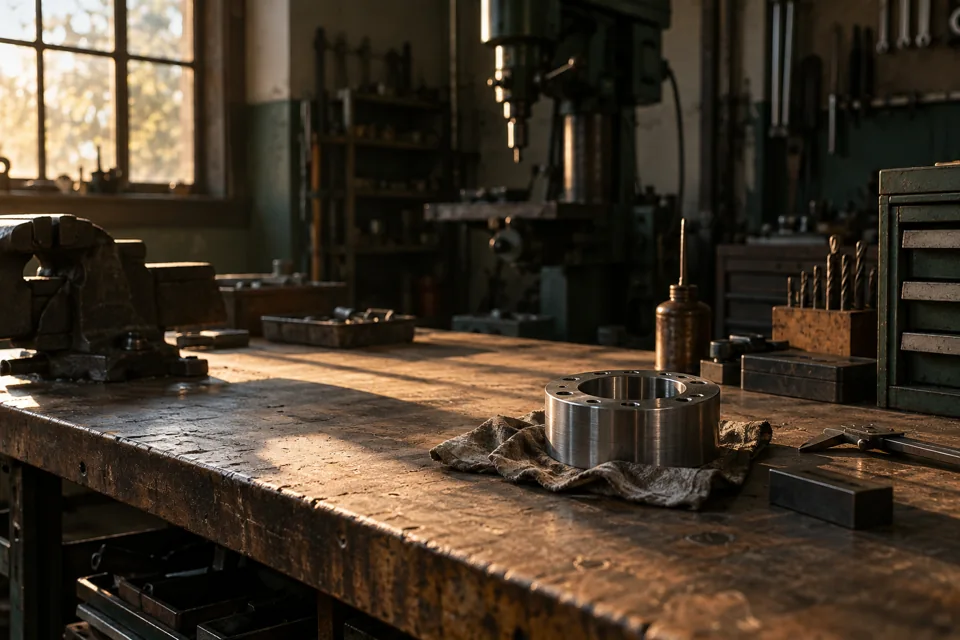 Illustrative precision workshop with metal components and a worn workbench